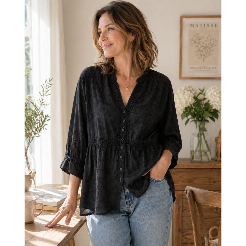 Faded Glory Boho Peasant Blouse Womens 2X Sheer Crochet Indie Femme Lagenlook